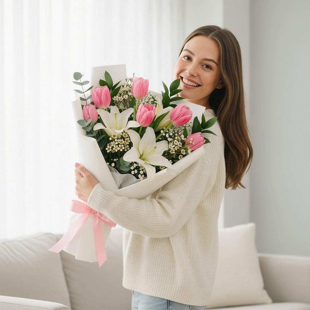 Mother’s Day Elegant Pink Tulip & White Lily Bouquet held by a model, view 1