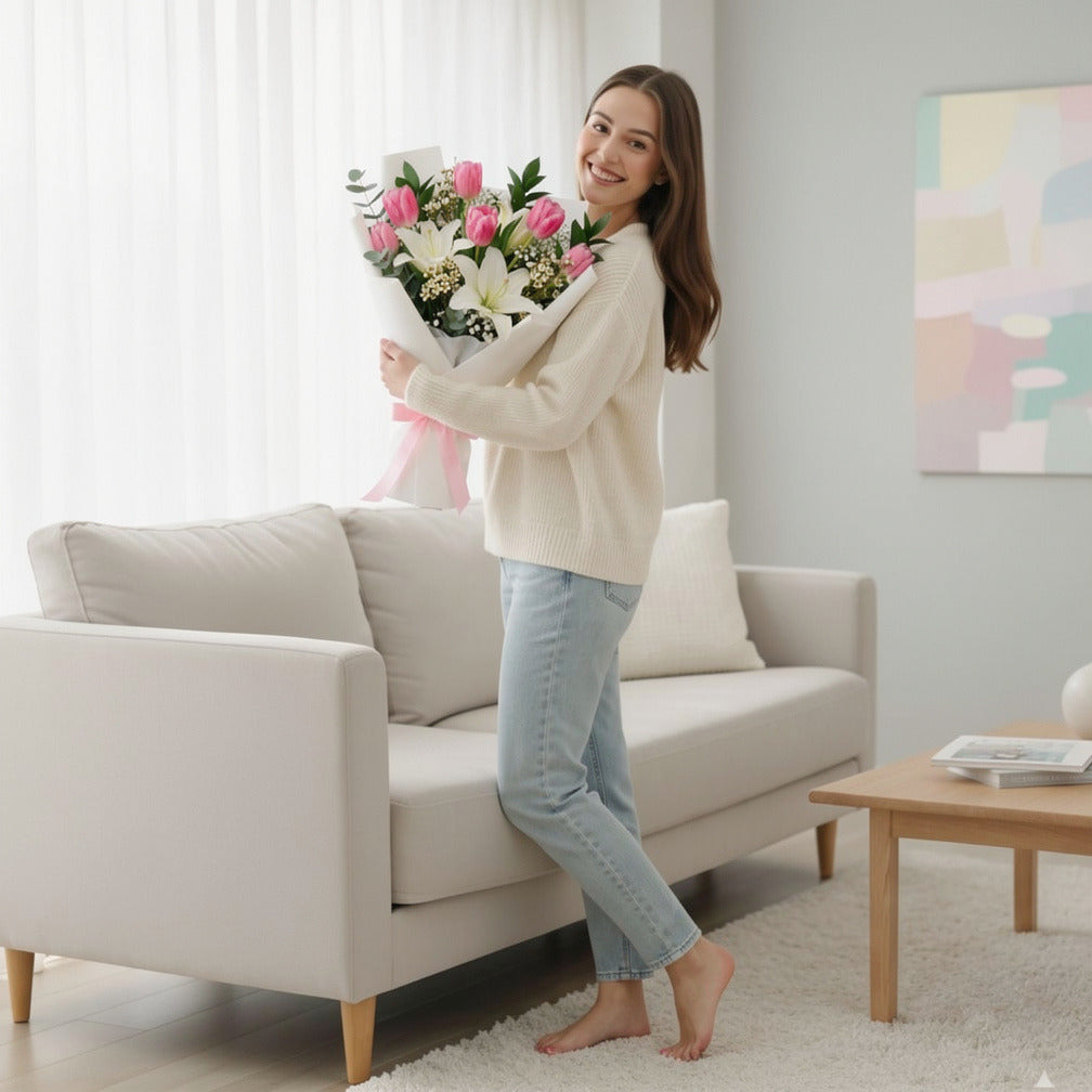 Mother’s Day Elegant Pink Tulip & White Lily Bouquet held by a model, view 2