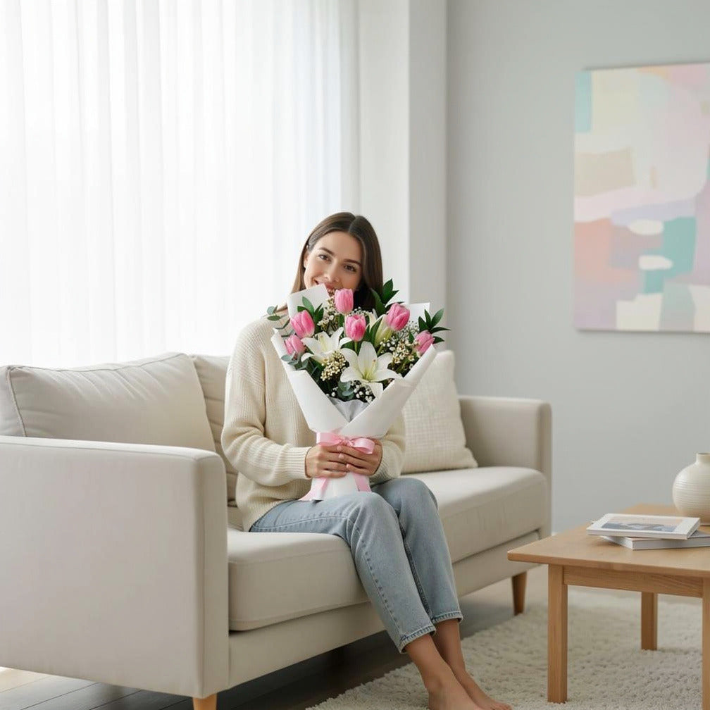Mother’s Day Elegant Pink Tulip & White Lily Bouquet held by a model, view 3