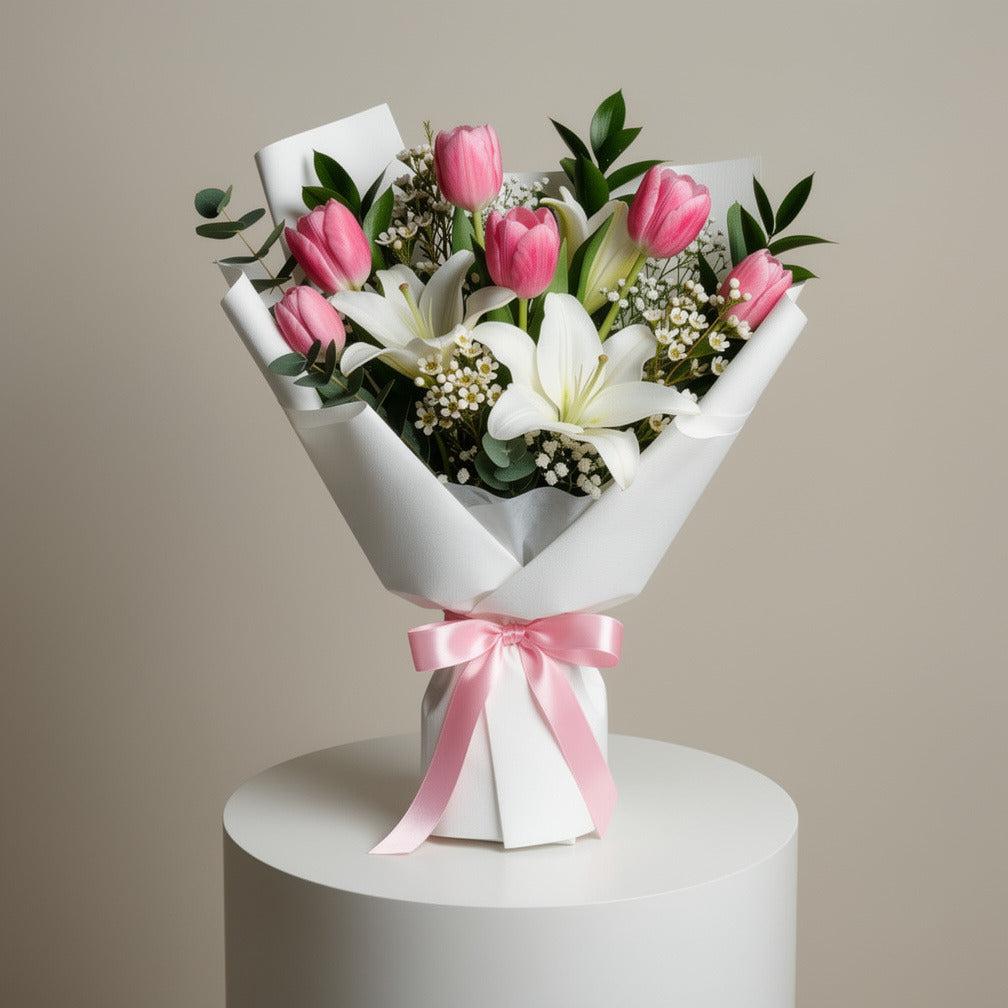 Mother’s Day Elegant Pink Tulip & White Lily Bouquet