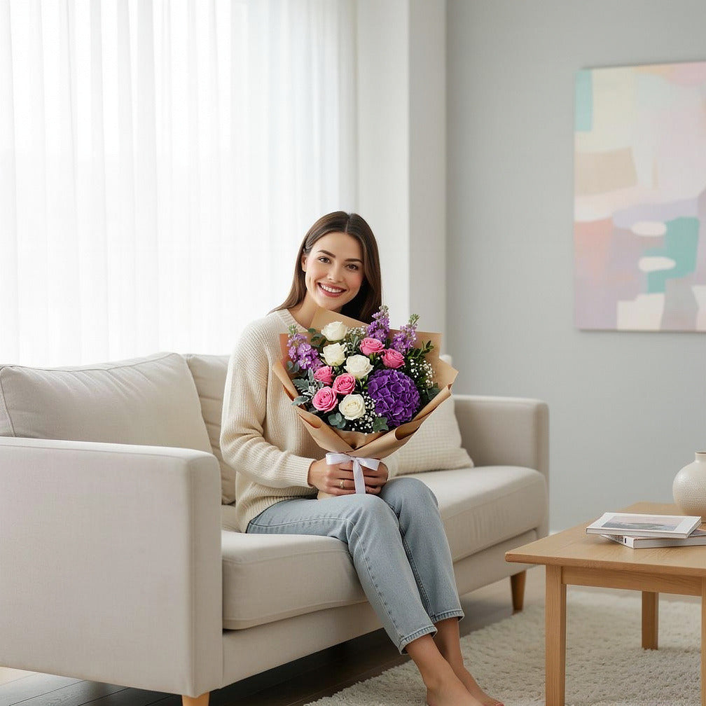 Mother’s Day Elegant Pink, White & Purple Mixed Bouquet held by a model, view 3