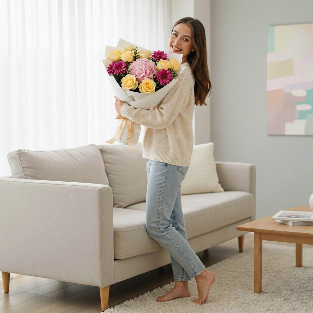 Mother’s Day Golden Glow Rose & Hydrangea Bouquet held by a model, view 2