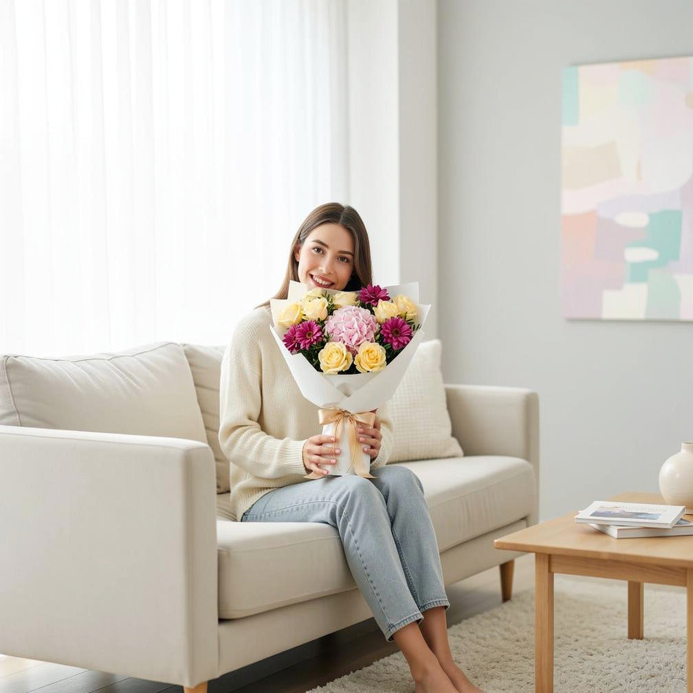 Mother’s Day Golden Glow Rose & Hydrangea Bouquet held by a model, view 3