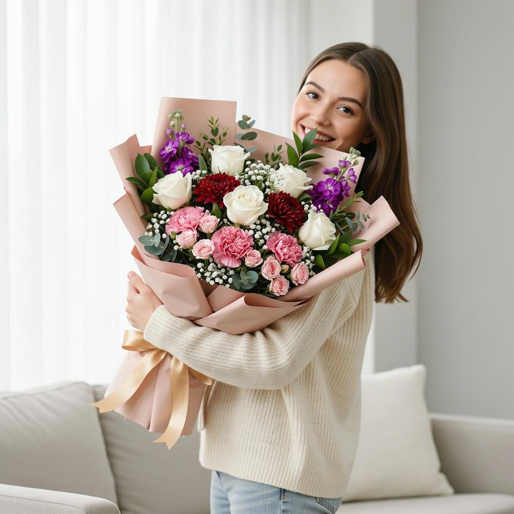 Mother’s Day Mixed Pastel & Classic Rose Bouquet held by a model, view 1