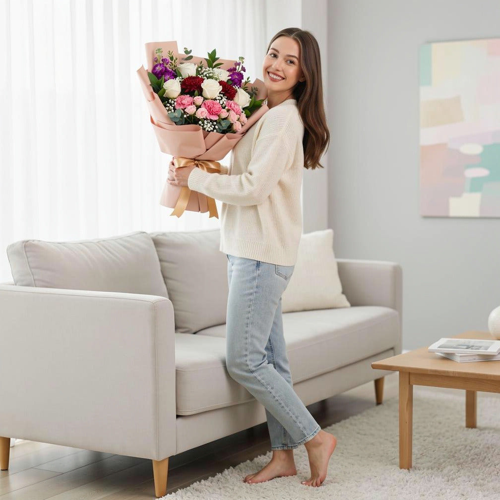 Mother’s Day Mixed Pastel & Classic Rose Bouquet held by a model, view 2