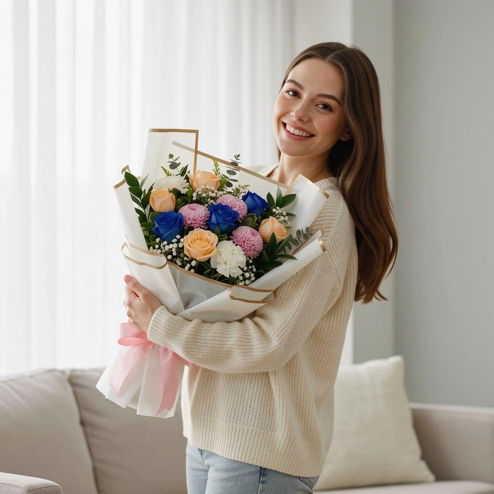 Mother’s Day Peach, Blue & Pink Mixed Rose Bouquet held by a model, view 1