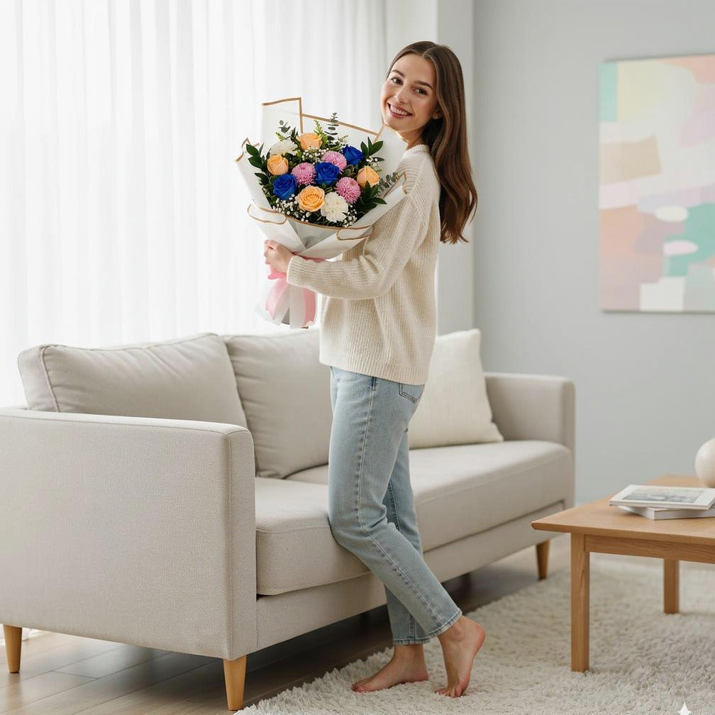 Mother’s Day Peach, Blue & Pink Mixed Rose Bouquet held by a model, view 2