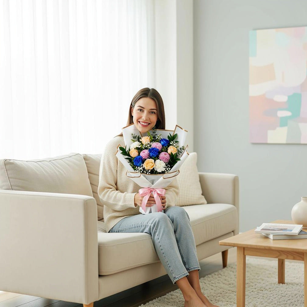 Mother’s Day Peach, Blue & Pink Mixed Rose Bouquet held by a model, view 3