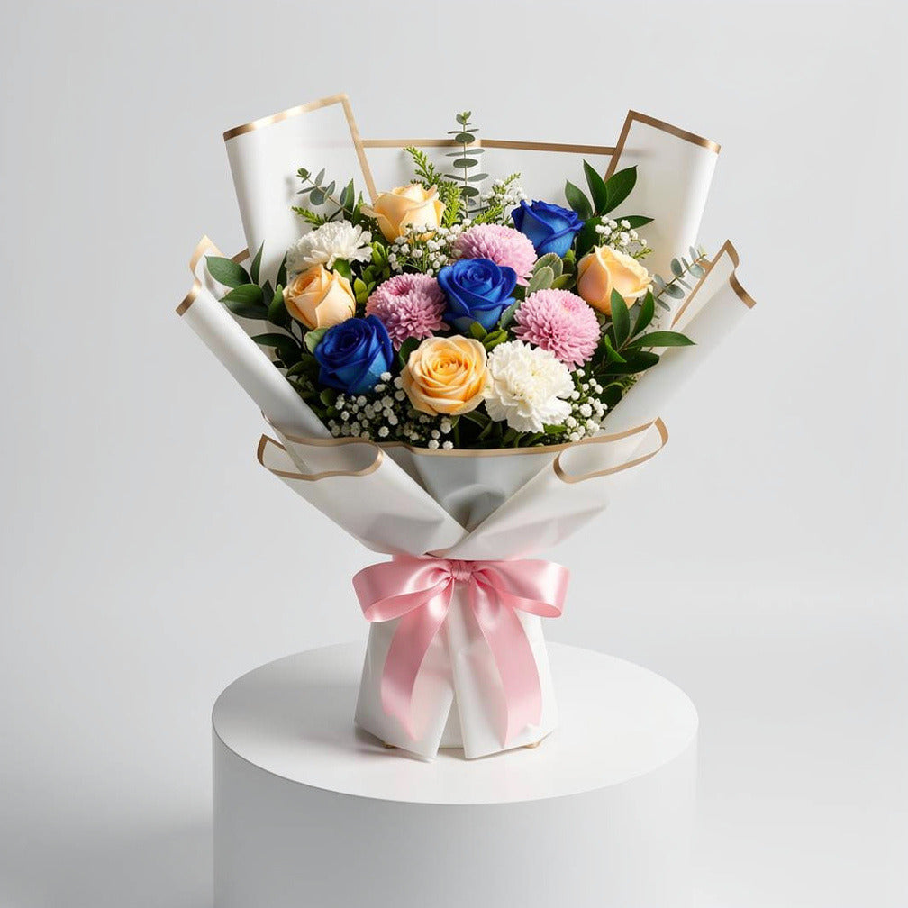 Mother’s Day Peach, Blue & Pink Mixed Rose Bouquet