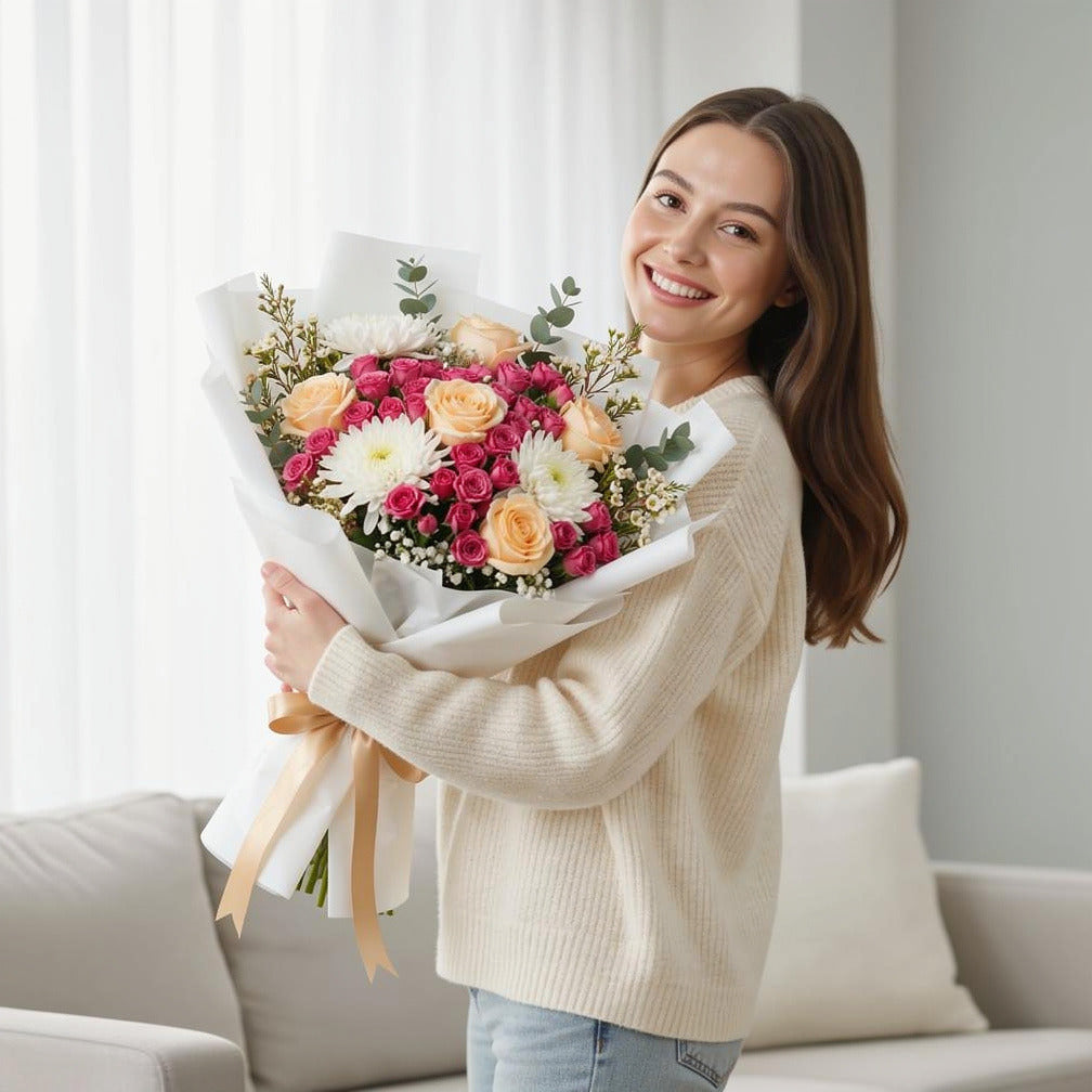 Mother’s Day Peach, Pink Rose & White Chrysanthemum Bouquet held by a model, view 1