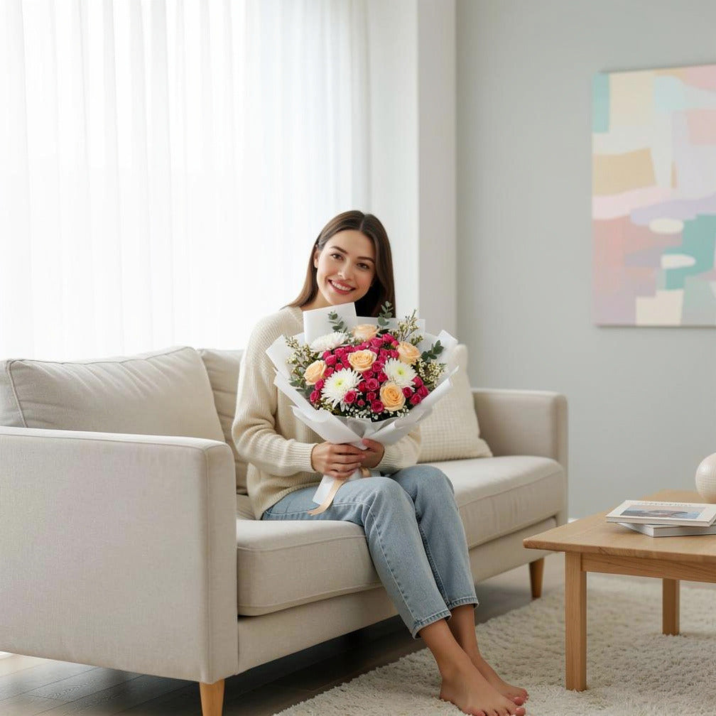 Mother’s Day Peach, Pink Rose & White Chrysanthemum Bouquet held by a model, view 3