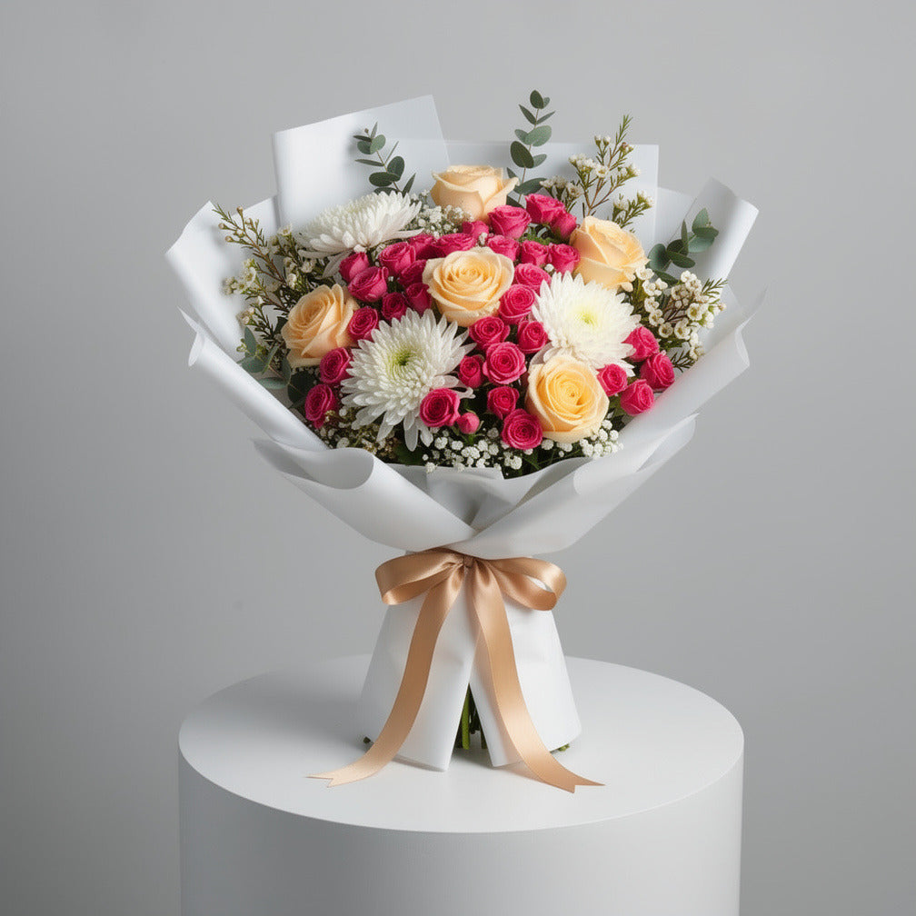 Mother’s Day Peach, Pink Rose & White Chrysanthemum Bouquet
