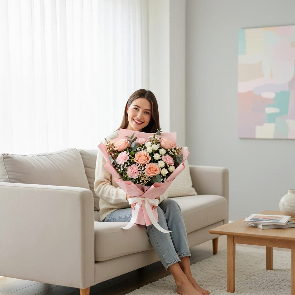 Mother’s Day Peach & Pink Soft Elegance Bouquet held by a model, view 3