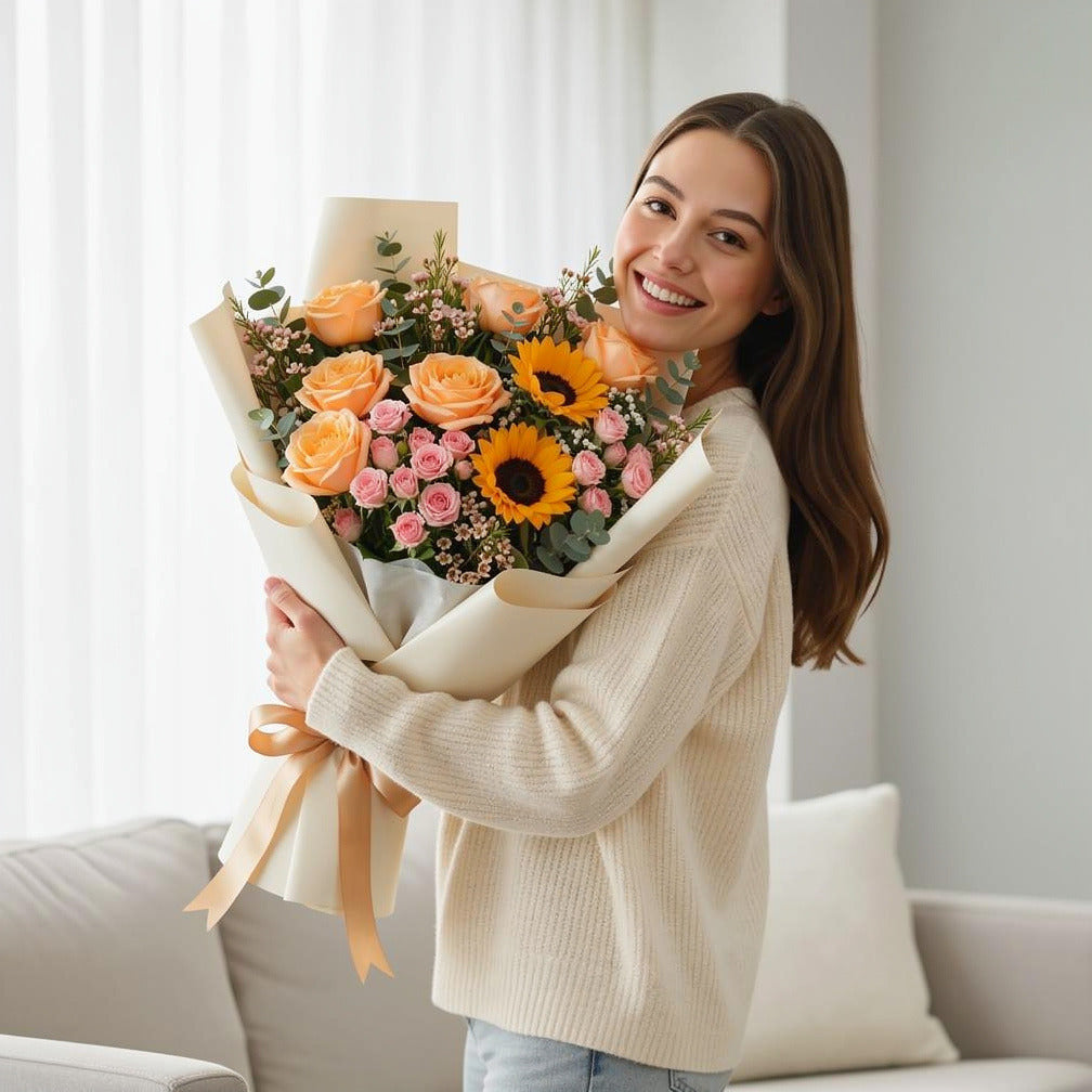 Mother’s Day Peach Rose & Sunflower Bouquet held by a model, view 1