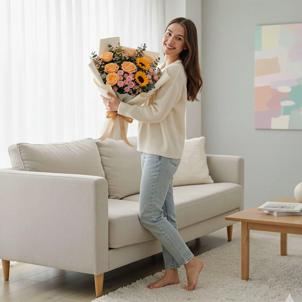Mother’s Day Peach Rose & Sunflower Bouquet held by a model, view 2