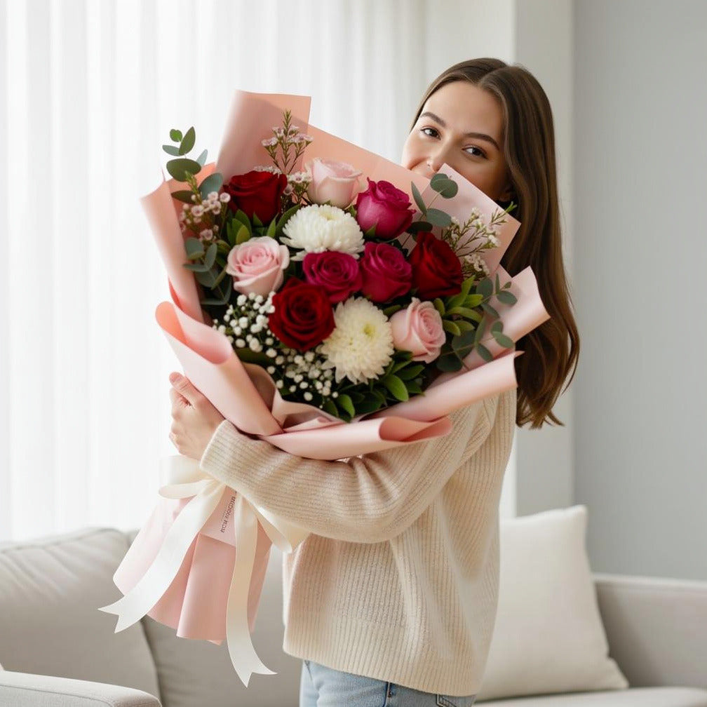 Mother’s Day Pink & Red Rose Love Bouquet held by a model, view 1