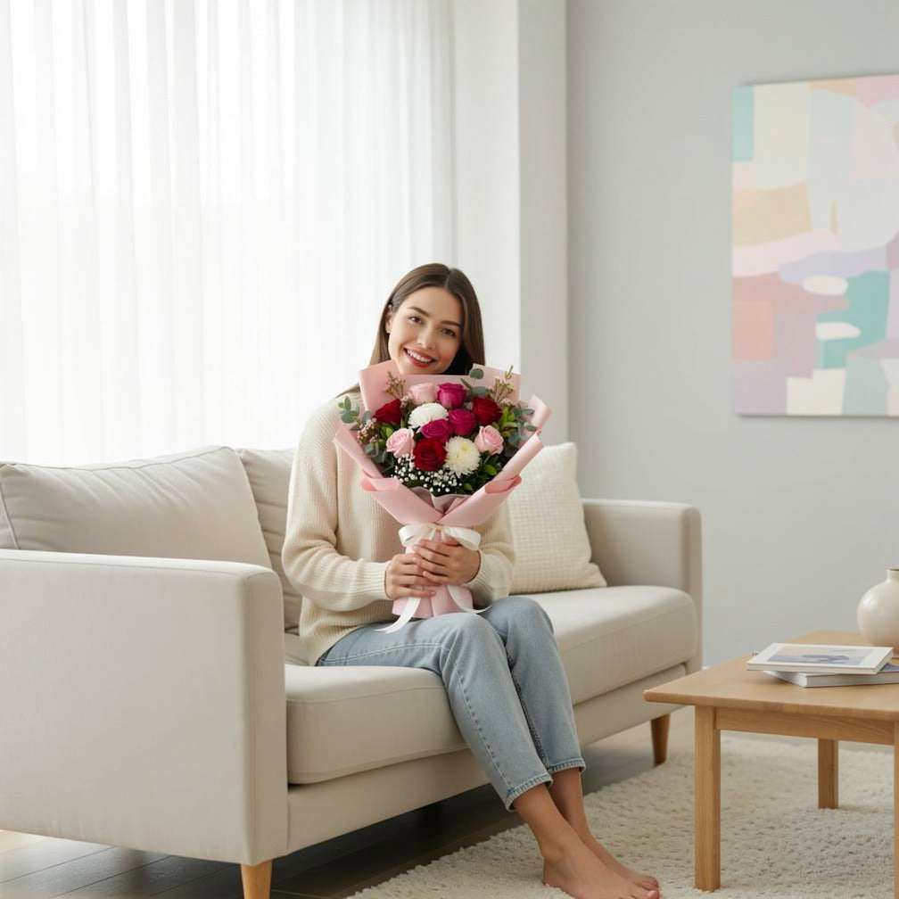 Mother’s Day Pink & Red Rose Love Bouquet held by a model, view 3