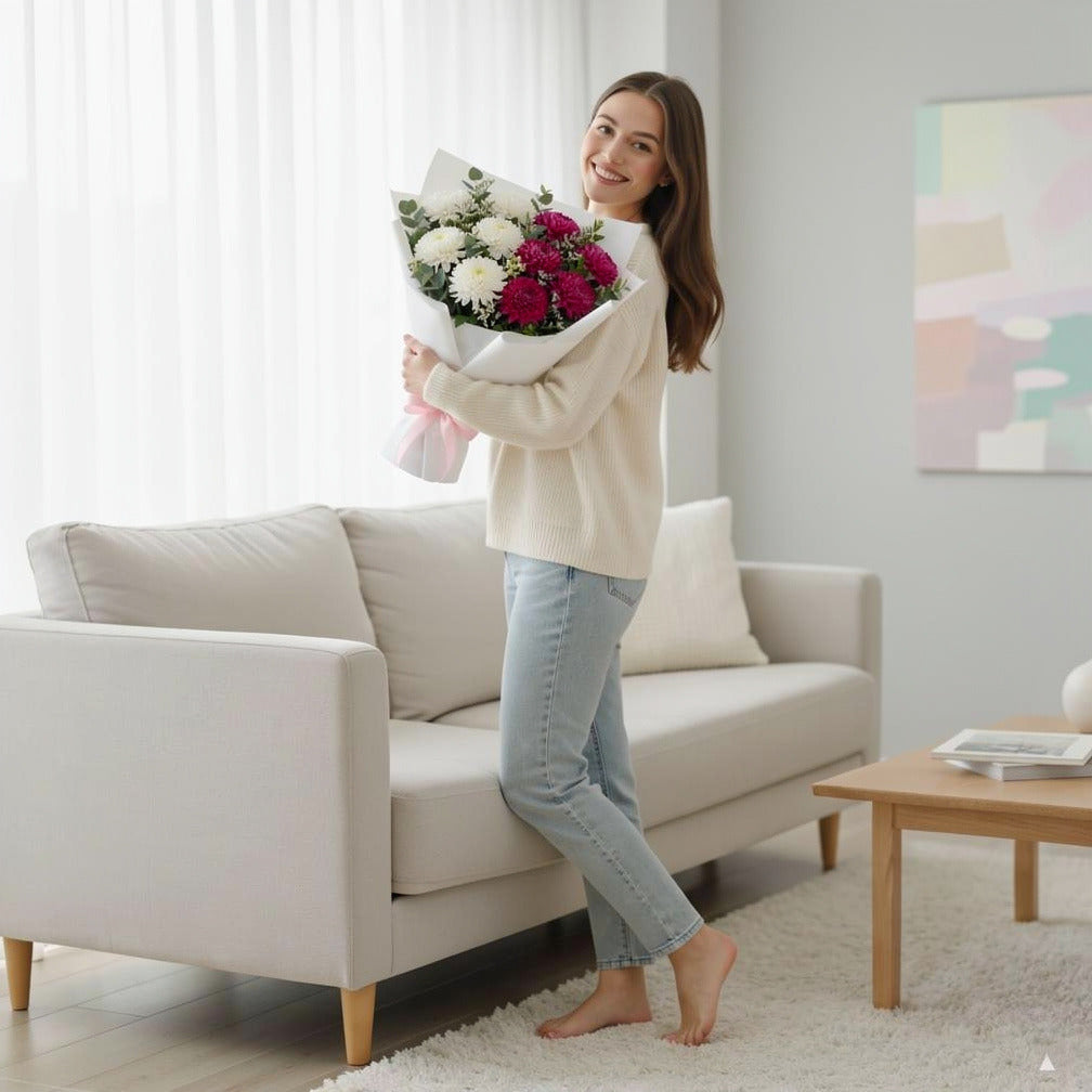 Mother’s Day Pink & White Chrysanthemum Bouquet held by a model, view 2