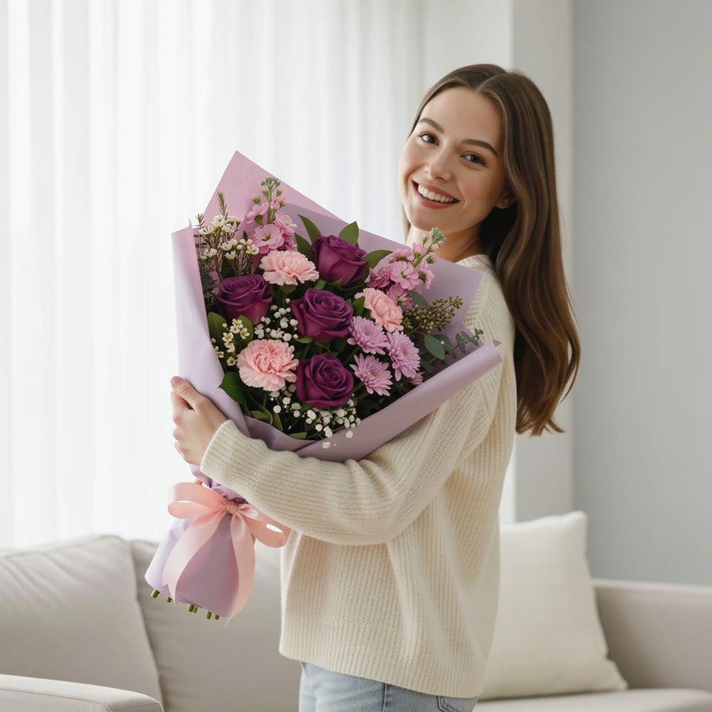 Mother’s Day Royal Purple & Pink Mixed Bouquet held by a model, view 1