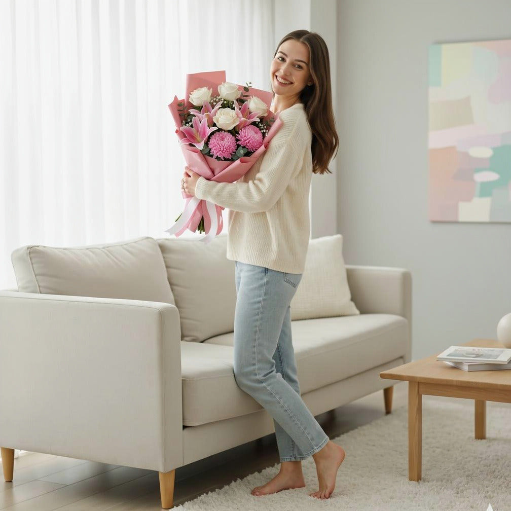 Mother’s Day Soft Pink Lily & White Rose Bouquet held by a model, view 2