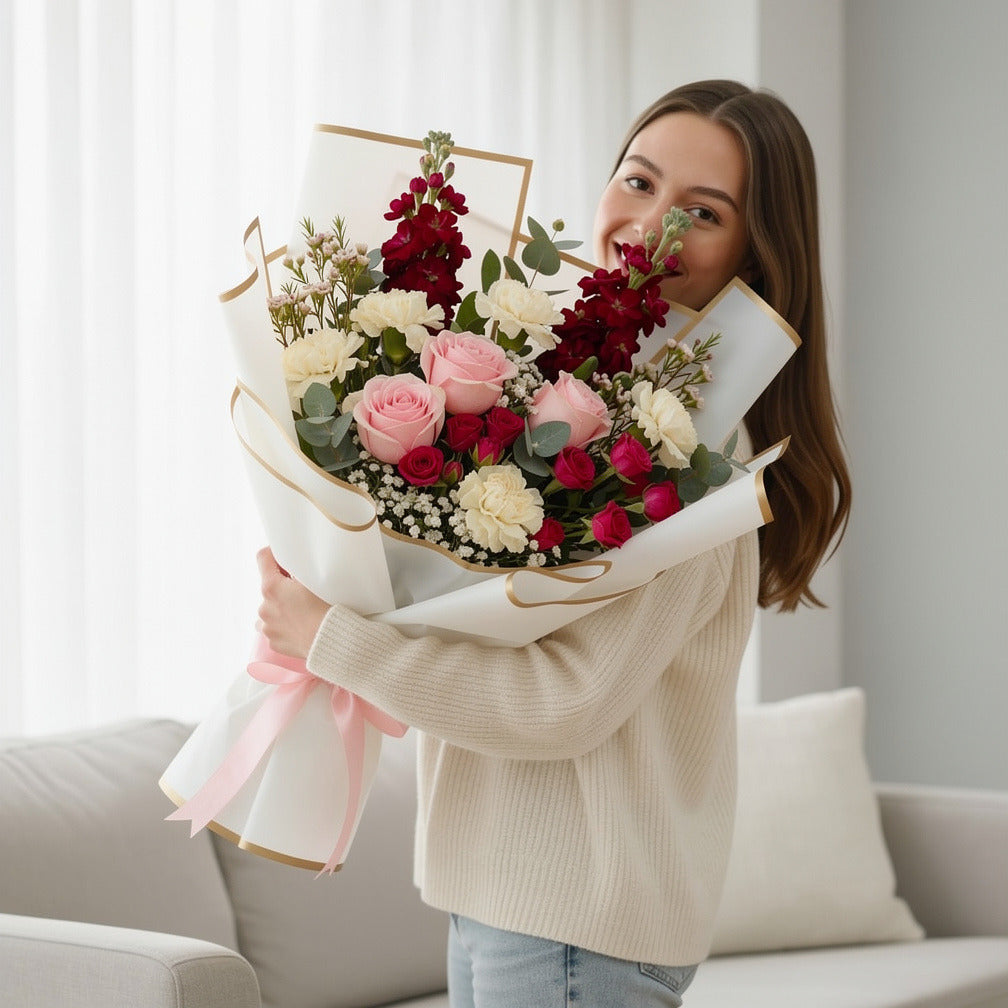 Mother’s Day Soft Pink & White Mixed Floral Bouquet held by a model, view 1