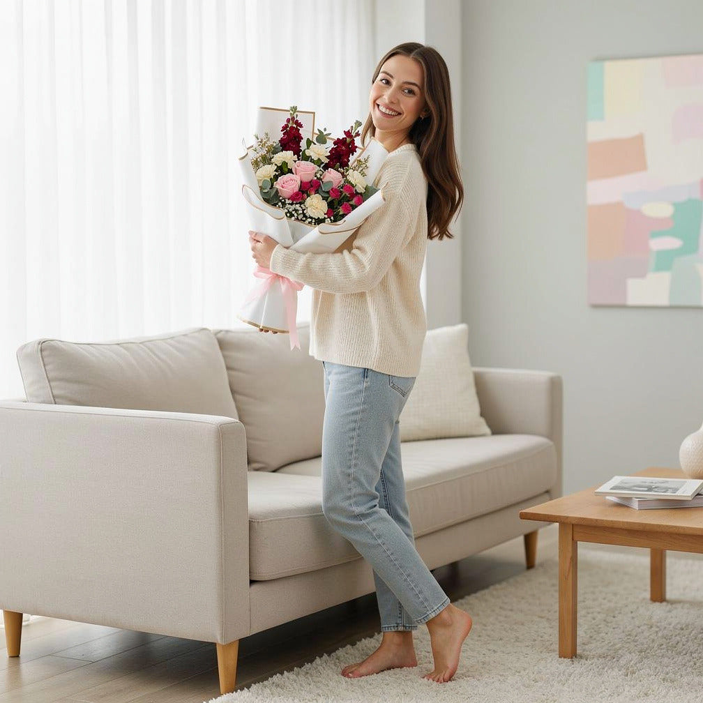 Mother’s Day Soft Pink & White Mixed Floral Bouquet held by a model, view 2
