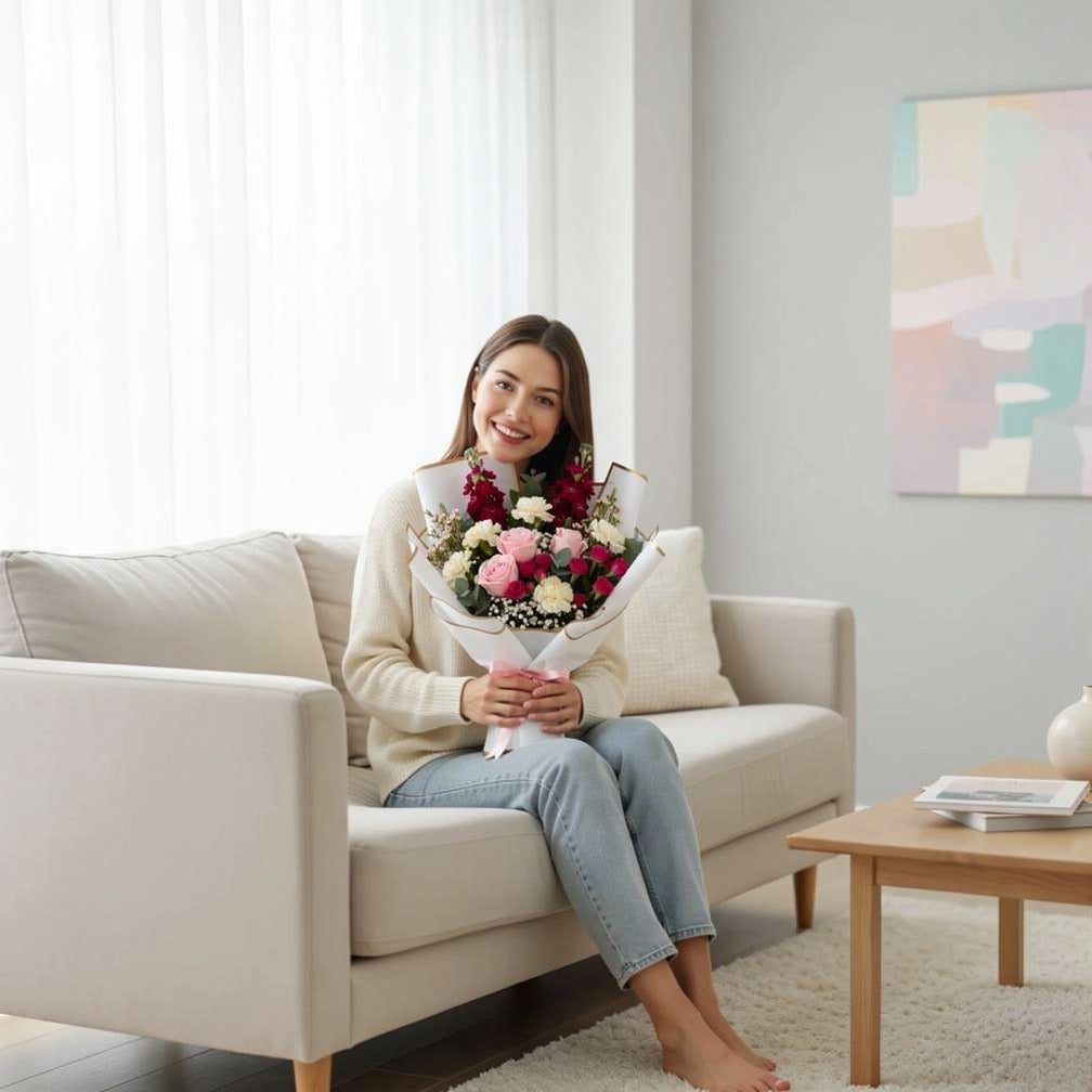 Mother’s Day Soft Pink & White Mixed Floral Bouquet held by a model, view 3
