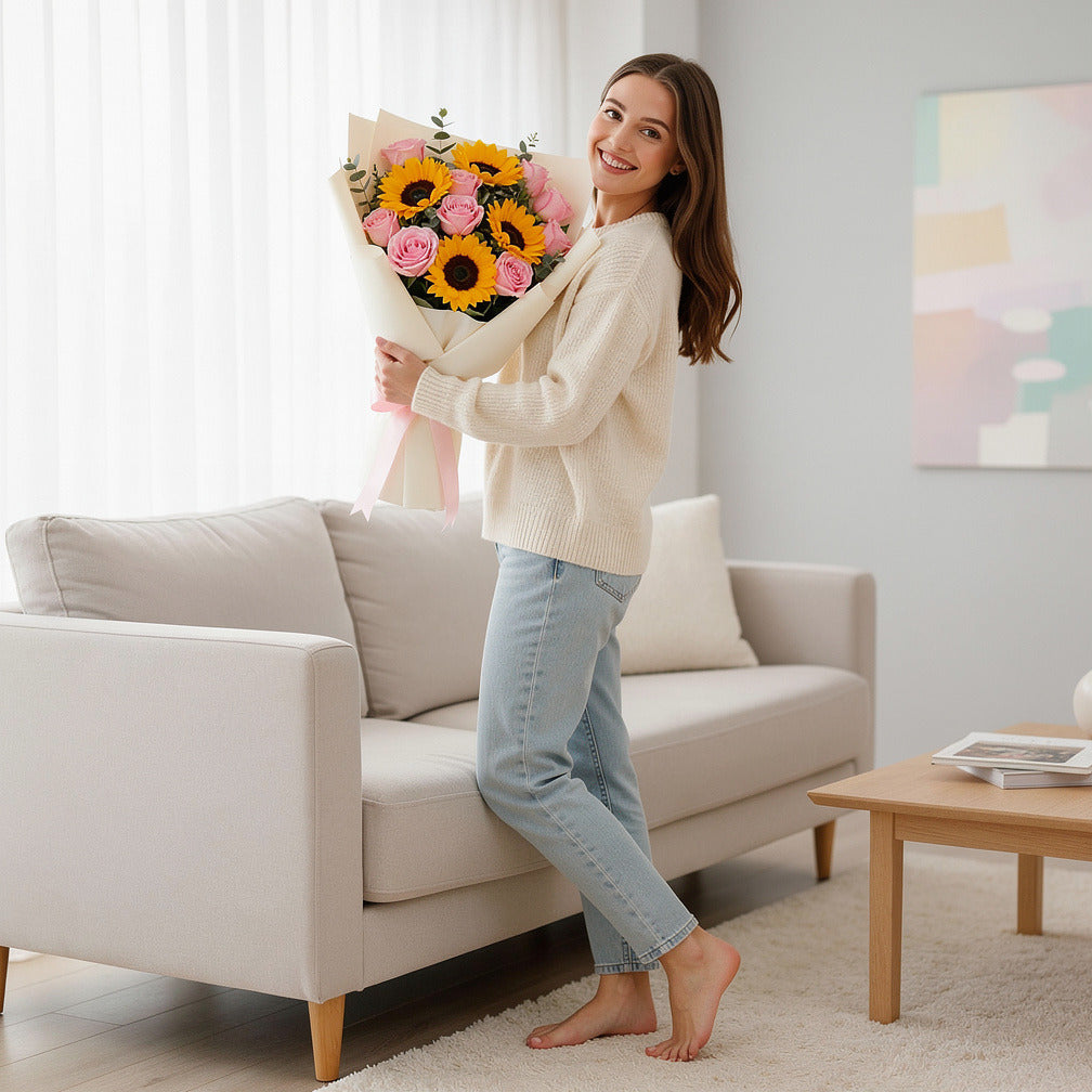 Mother’s Day Sunshine Pink Rose Bouquet held by a model, view 2