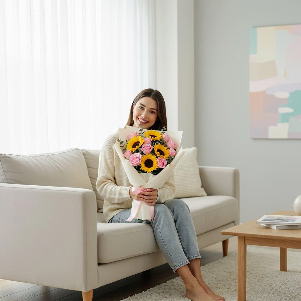 Mother’s Day Sunshine Pink Rose Bouquet held by a model, view 3