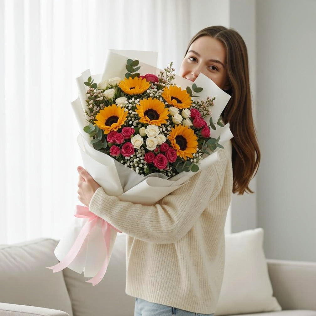 Mother’s Day Sunshine Sunflower & Baby Rose Bouquet held by a model, view 1