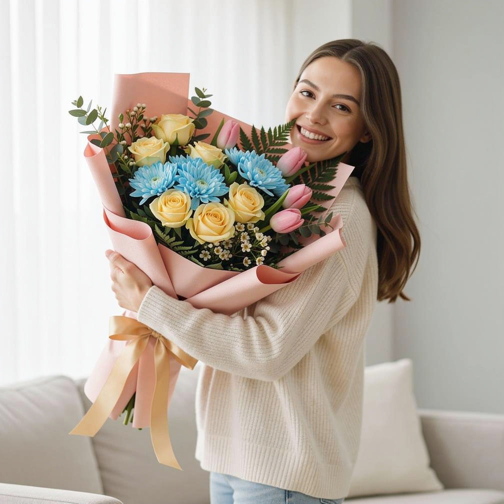Mother’s Day Vibrant Tulip & Rose Mixed Bouquet held by a model, view 1