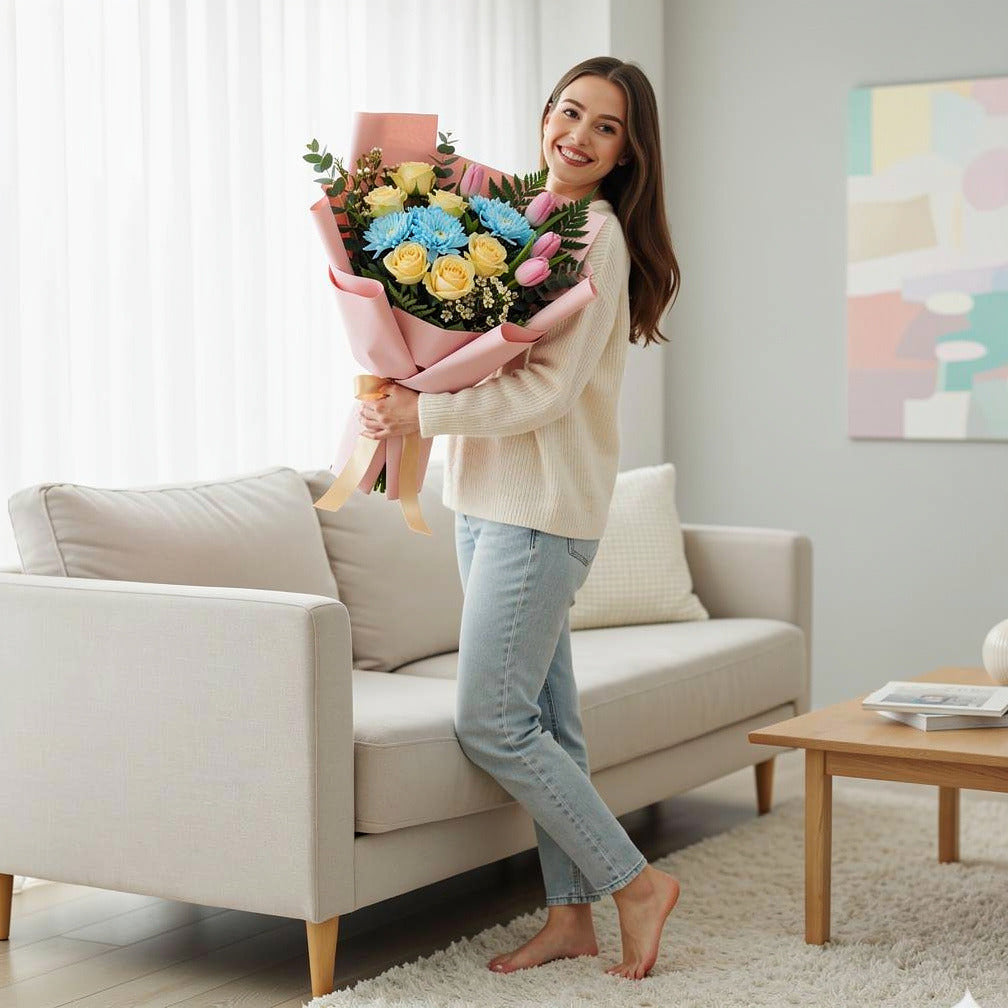 Mother’s Day Vibrant Tulip & Rose Mixed Bouquet held by a model, view 2