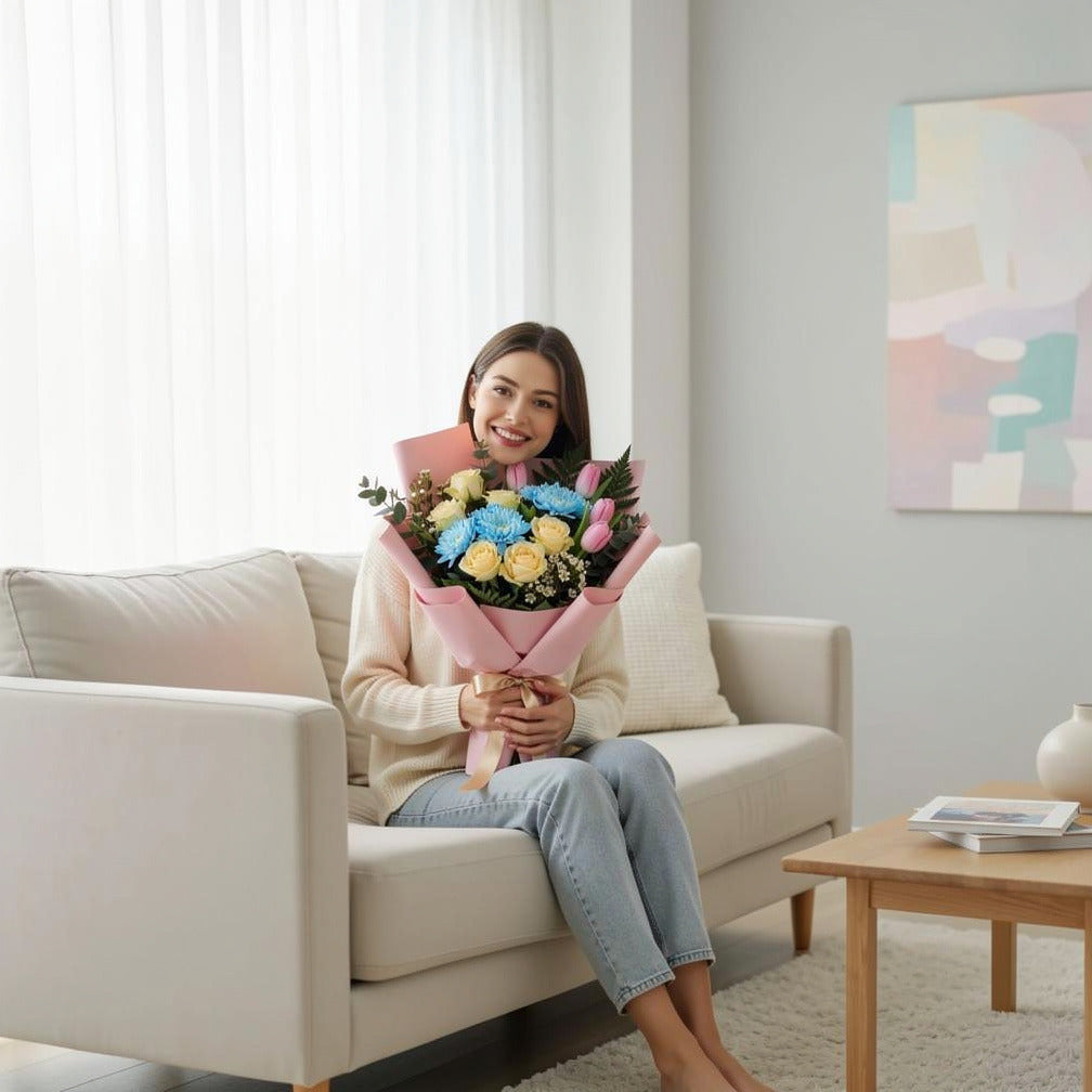 Mother’s Day Vibrant Tulip & Rose Mixed Bouquet held by a model, view 3
