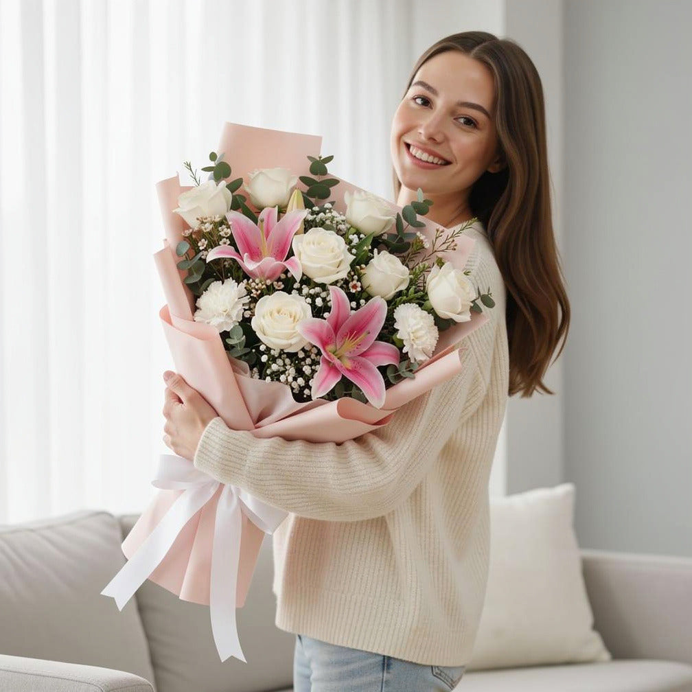 Mother’s Day White Rose & Pink Lily Grace Bouquet held by a model, view 1