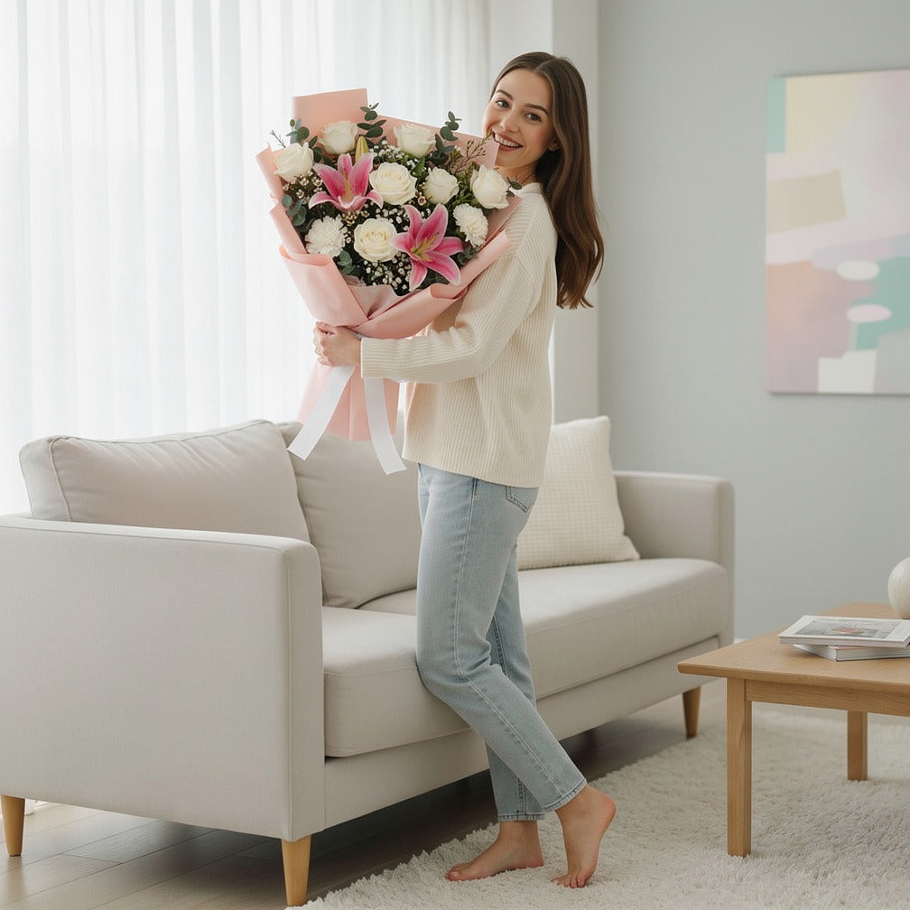 Mother’s Day White Rose & Pink Lily Grace Bouquet held by a model, view 2