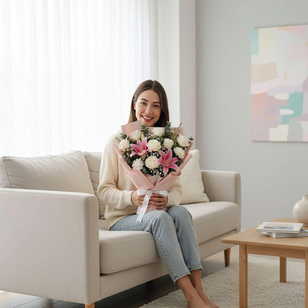 Mother’s Day White Rose & Pink Lily Grace Bouquet held by a model, view 3