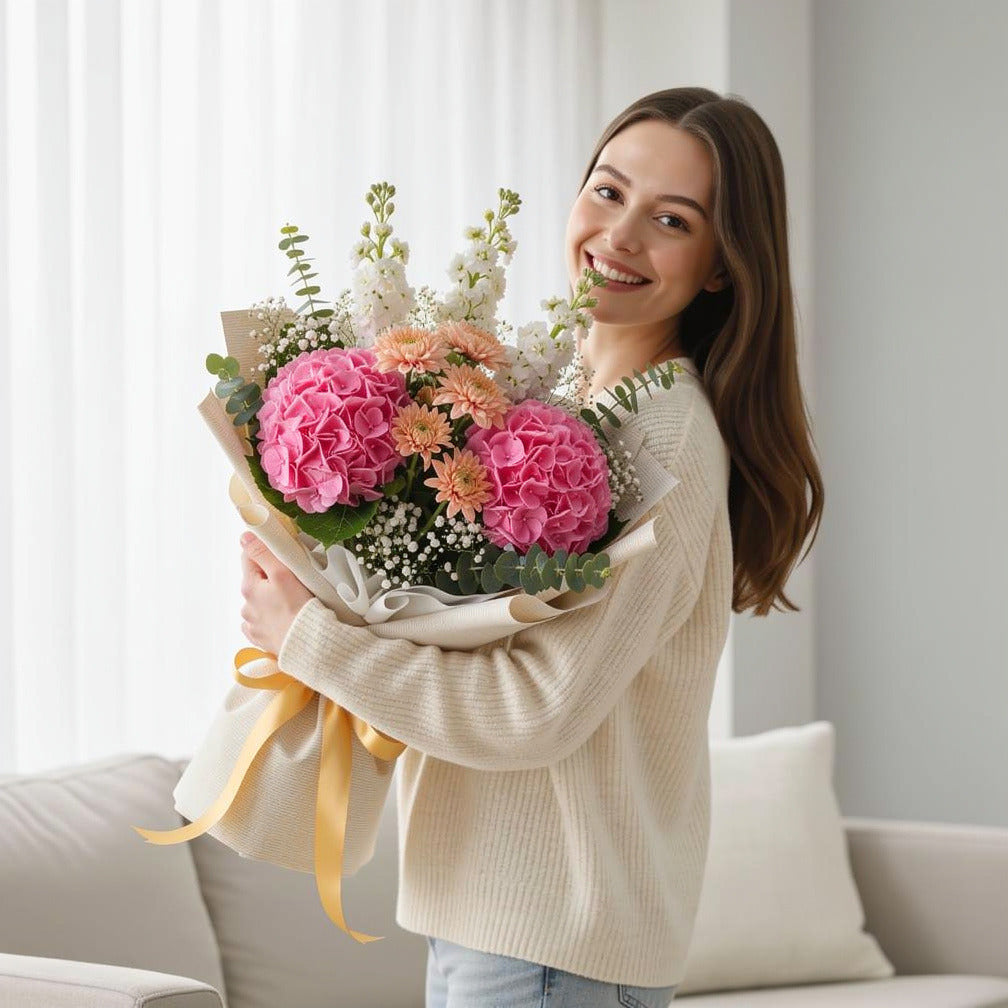 Peach Chrysanthemum, Hydrangea & Matthiola Bouquet for Anniversary held by a model, view 1