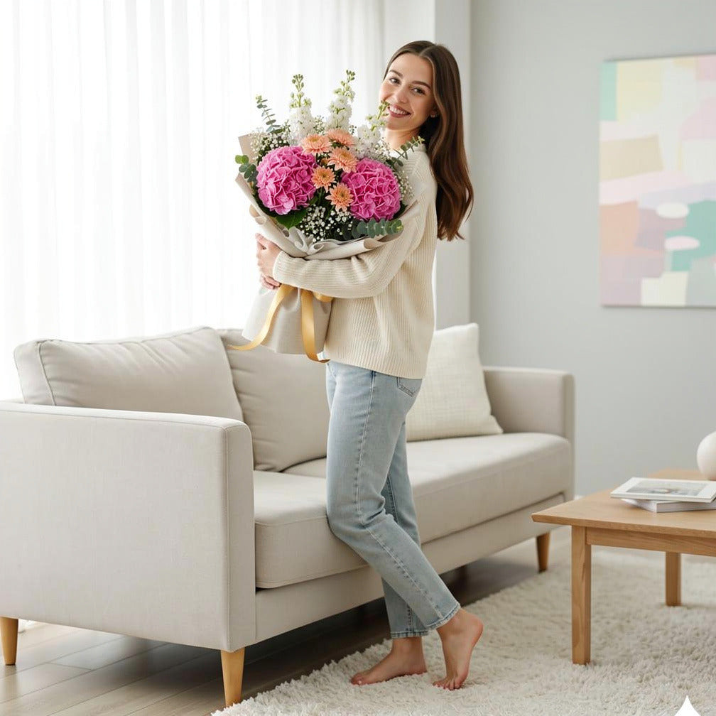 Peach Chrysanthemum, Hydrangea & Matthiola Bouquet for Anniversary held by a model, view 2