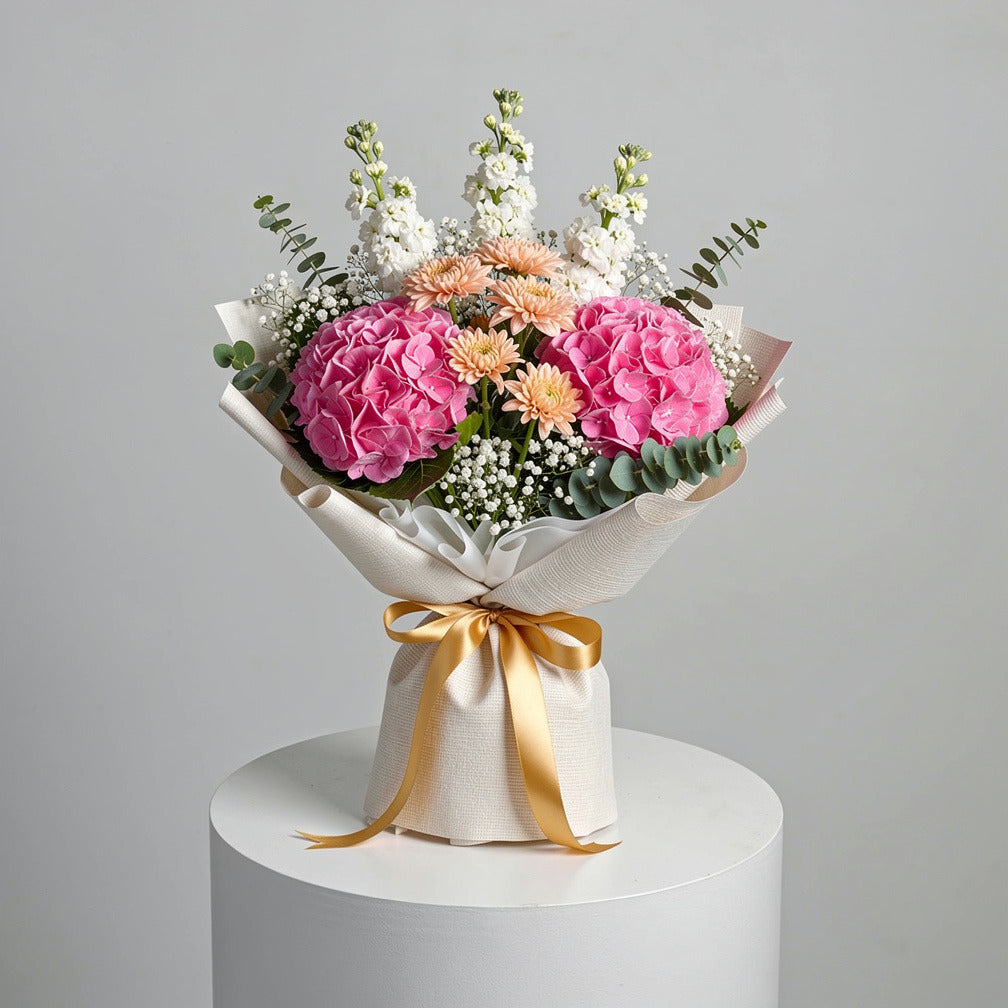 Peach Chrysanthemum, Hydrangea & Matthiola Bouquet for Anniversary