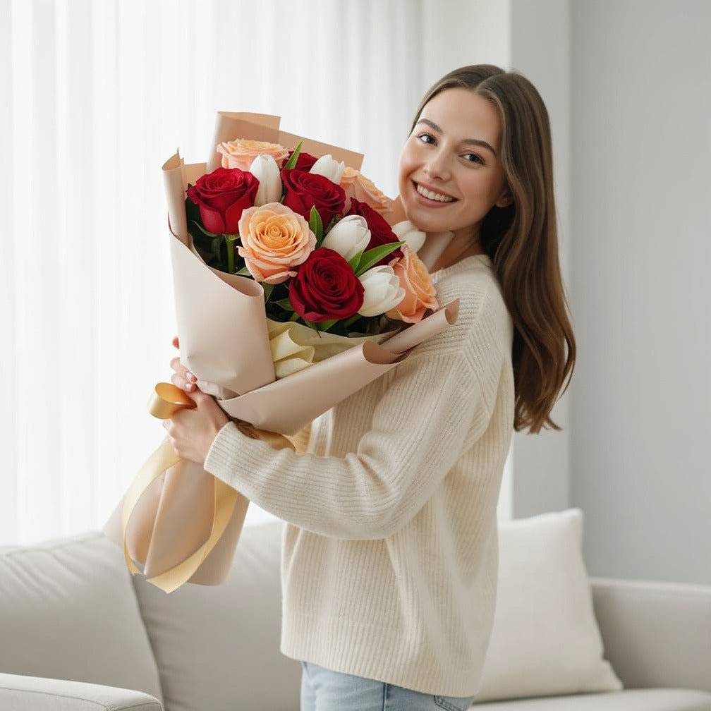 Peach, Red Roses & White Tulips Bouquet held by a model, view 1