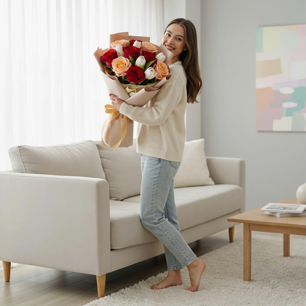 Peach, Red Roses & White Tulips Bouquet held by a model, view 2
