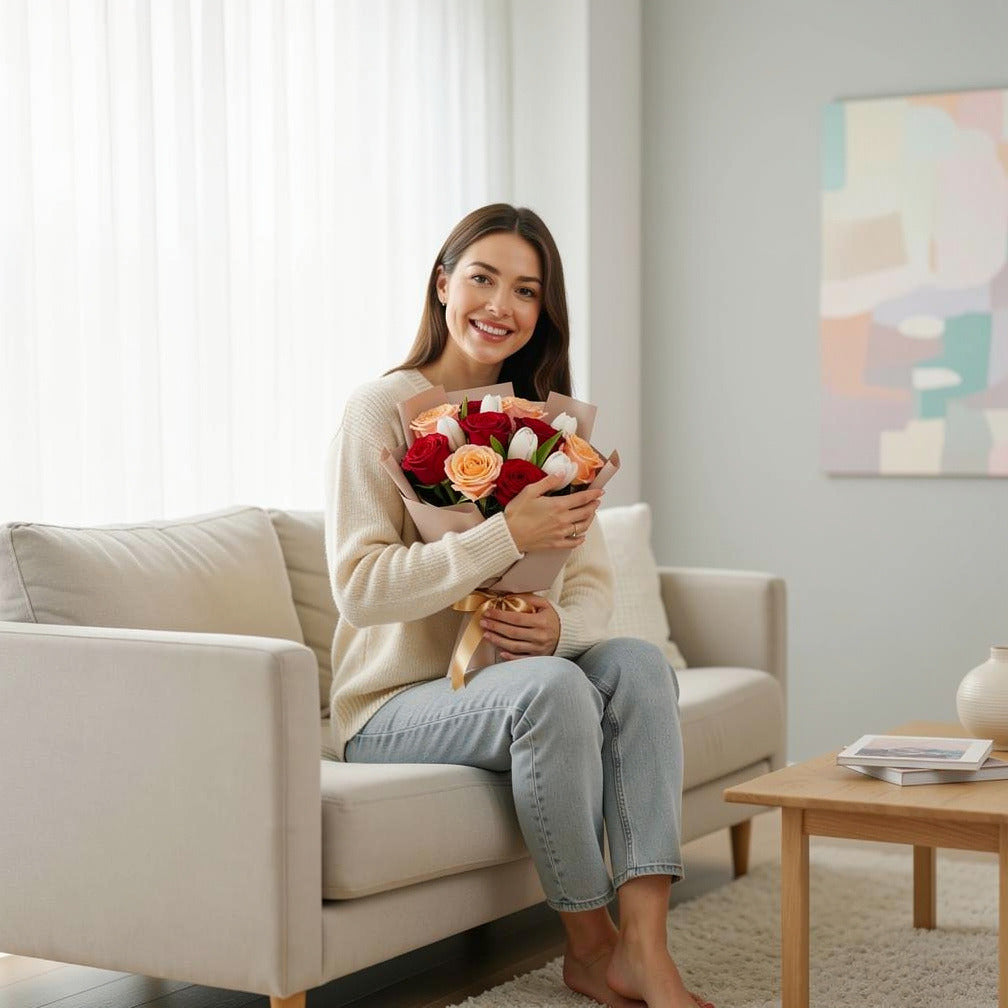 Peach, Red Roses & White Tulips Bouquet held by a model, view 3