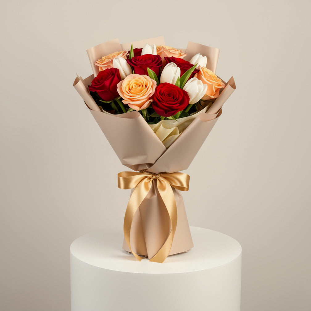 Peach, Red Roses & White Tulips Bouquet