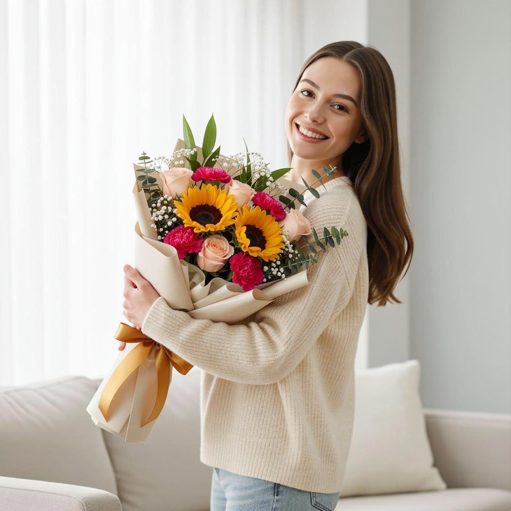 Peach Roses & Mixed Blooms Bouquet held by a model, view 1