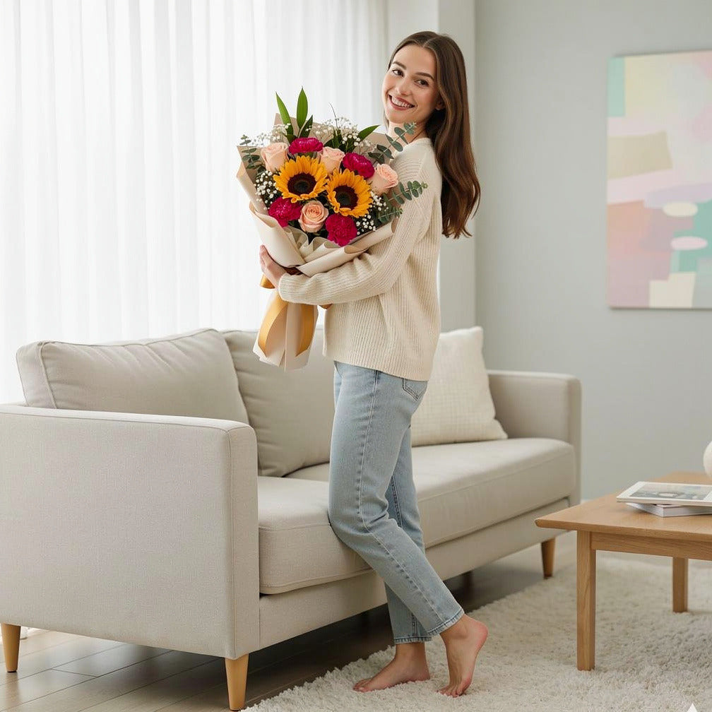Peach Roses & Mixed Blooms Bouquet held by a model, view 2