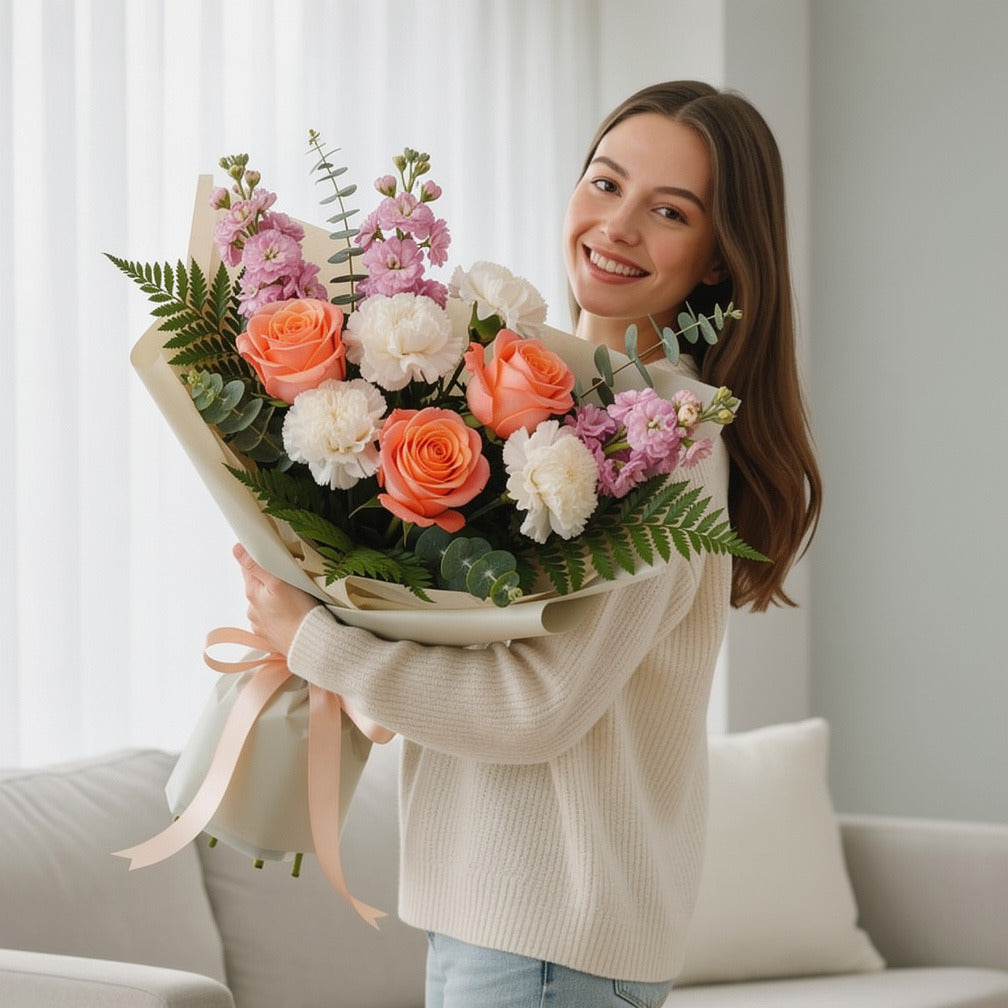 Peach Roses & Mixed Blooms Graduation Bouquet held by a model, view 1