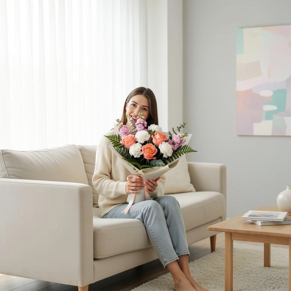 Peach Roses & Mixed Blooms Graduation Bouquet held by a model, view 3