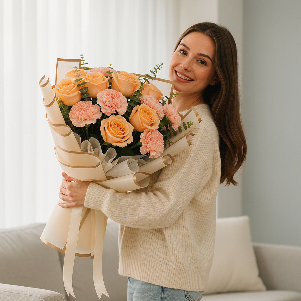 Peach Roses & Pink Carnations Bouquet for Anniversary held by a model, view 1