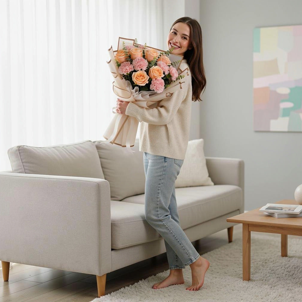 Peach Roses & Pink Carnations Bouquet for Anniversary held by a model, view 2