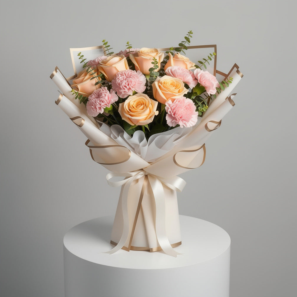 Peach Roses & Pink Carnations Bouquet for Anniversary
